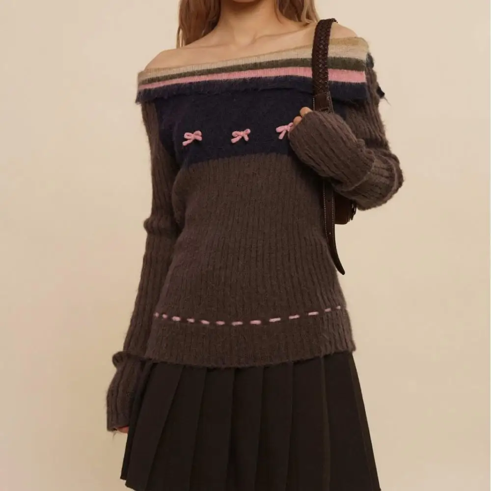 

One Shoulder Ruffled Collar Striped Sweet Sexy Bow Sweater Yk2 Women Mohair Lazy Knit Top Brown Slim Pullovers 2024 Spring