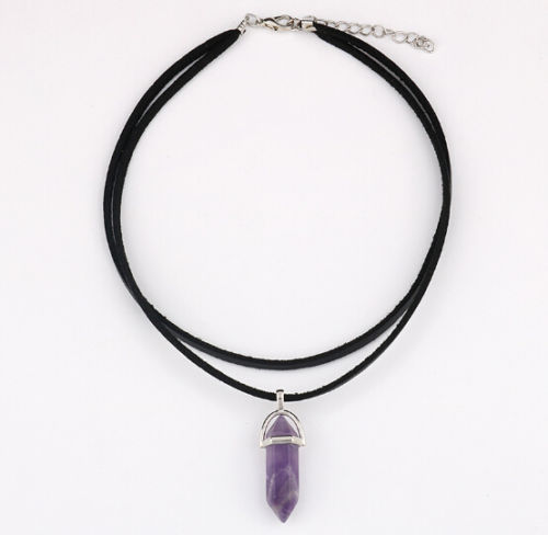 Crystal Chakra Pendulum Pendant Necklaces For Women Teens Girls Hexagonal Stone Leather Choker Chain Statement Necklace
