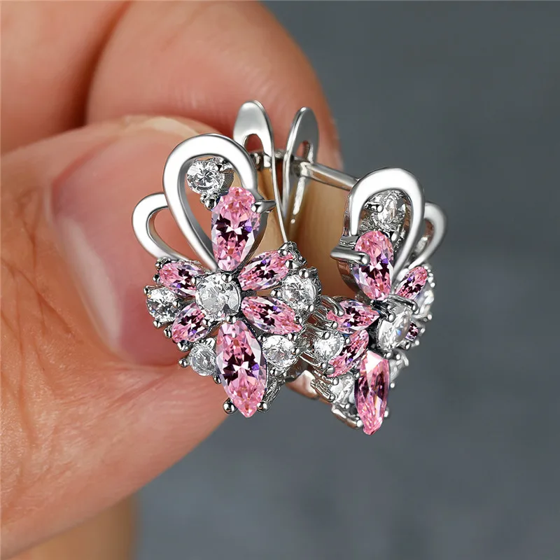 Boho Female Butterfly Hoop Earrings Dainty Crystal Multicolor Stone Earrings Trendy Silver Color Bridal Earrings For Women Party