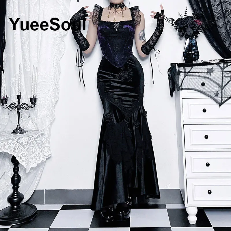 Black Skirts for Women 2000s Gothic Punk Dark Lolita Mini Skirt New Halloween Y2K Elegant Evening Party Club Harajuku Long skirt - Image 2