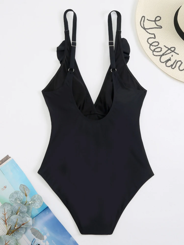 One Piece Swimsuit For Women Swimwear New Monokini Sexy Solid Black Ruffled Beachwear Bathing Suit Female Clothing Summer