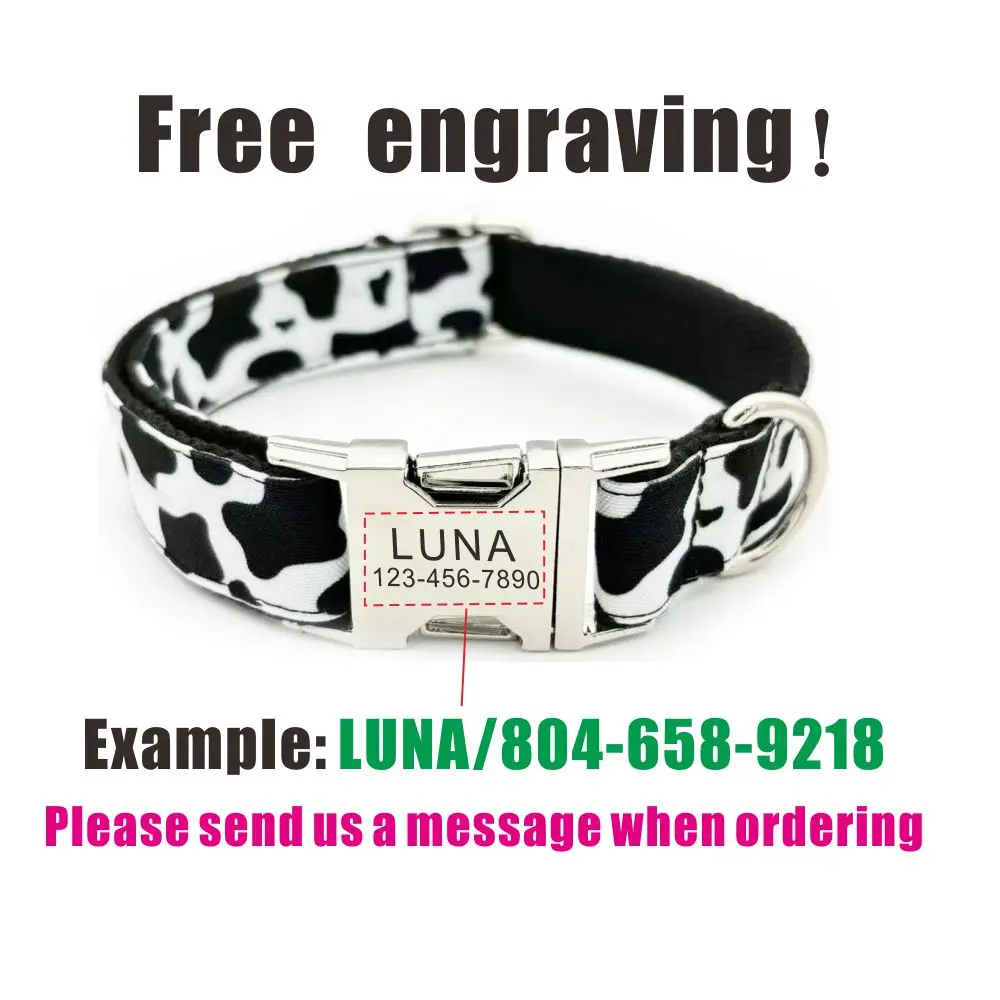 Personalized Cow Pattern Dog Collar Puppy ID Tag Adjustable Cat Accessory Black White Basic Dog Collars Leash dog collar,dog id tag
