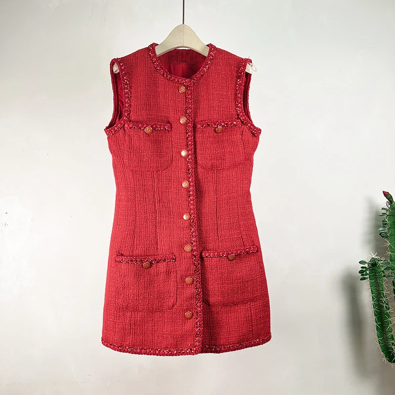 

Red Small Fragrant Woolen Pockets Dress Vintage Winter Women Numeral Single Breasted Sleeveless Tank Tweed Party Dresses
