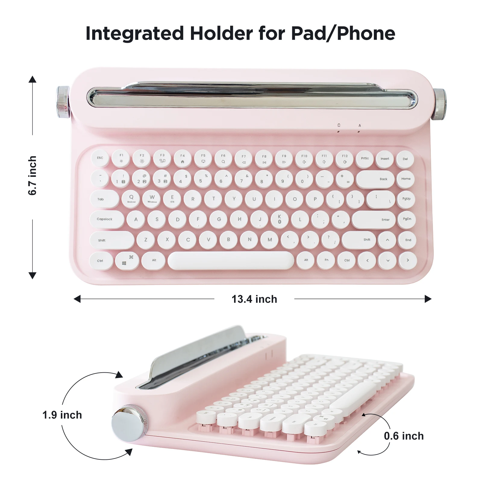 YUNZII ACTTO B305 różowa dziecięca bezprzewodowa Retro maszyna do pisania Bluetooth estetyczna klawiatura ze zintegrowanym stojakiem dla wielu urządzeń