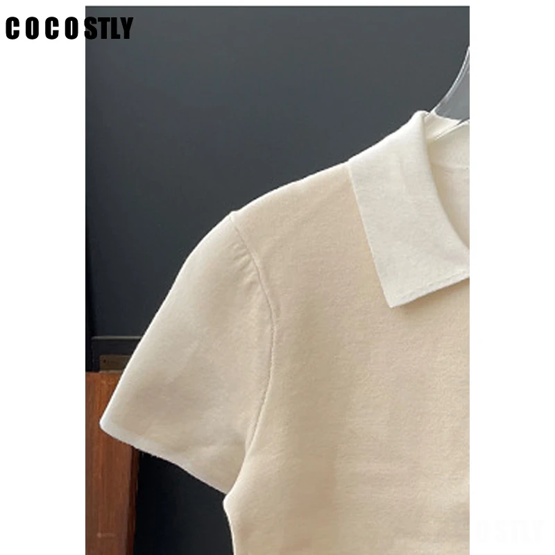 

Cocostly Turn-down Collar Women White Sweater Short Sleeve Tshirt Slim Buttons Spring Summer 2024 Ladies Pullover