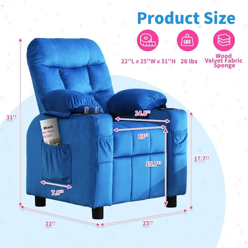 Kids Recliner Ergonomic Adjustable Velvet Lounge Chair with Footrest & Side Pockets Sofa for Boys Girls Bedroom (Navy) 2