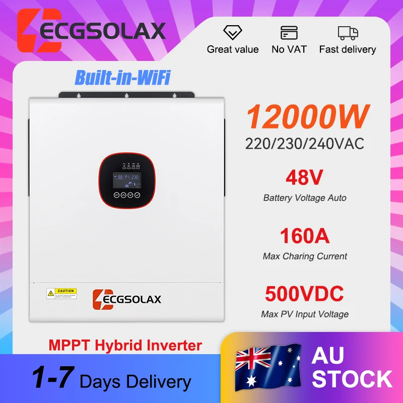 ECGSOLAX 12KW 48V Hybrid Solar Inverter MPPT 230Vac 160A Pure Sine Wave Solar PV Inverter Max 500V 48V