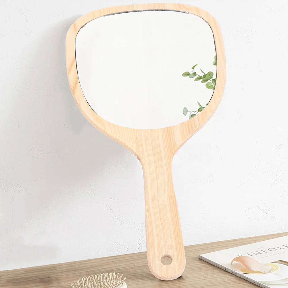 

2 Pcs Wooden Handle Mirror Makeup Vanity Table Travel Dresser Portable Tool