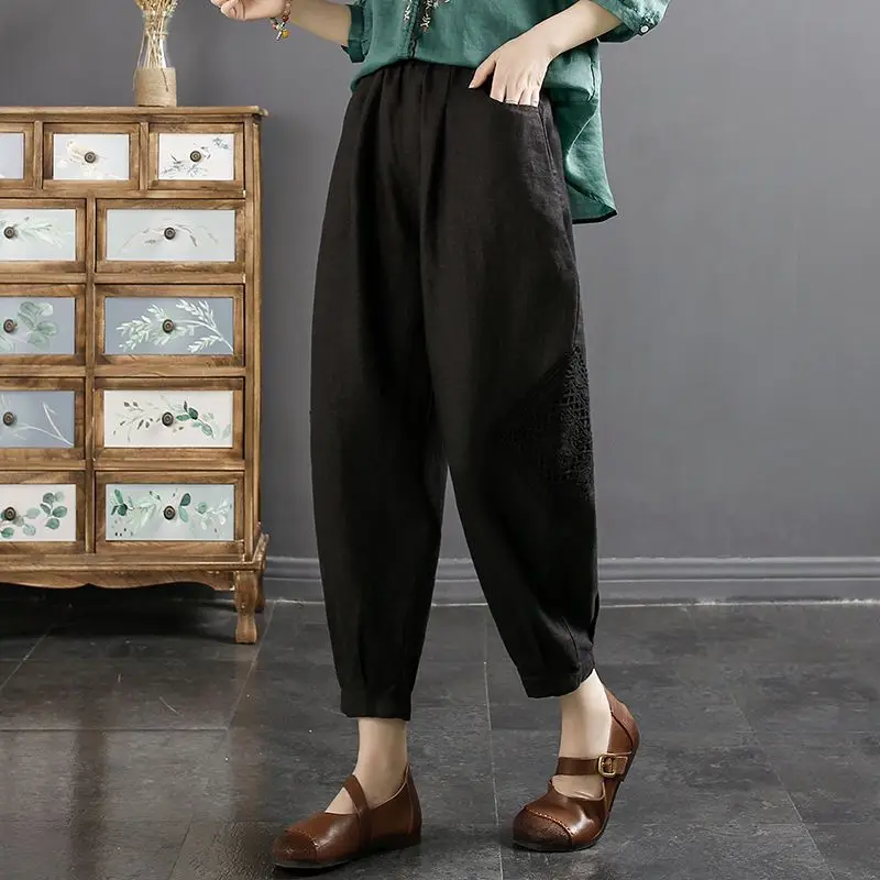 Women Summer New High Waist Elastic Harlen Pants Fashion Artistic Vintage Lace Pocket Splicing Loose Casual Versatile 9/4 Pants