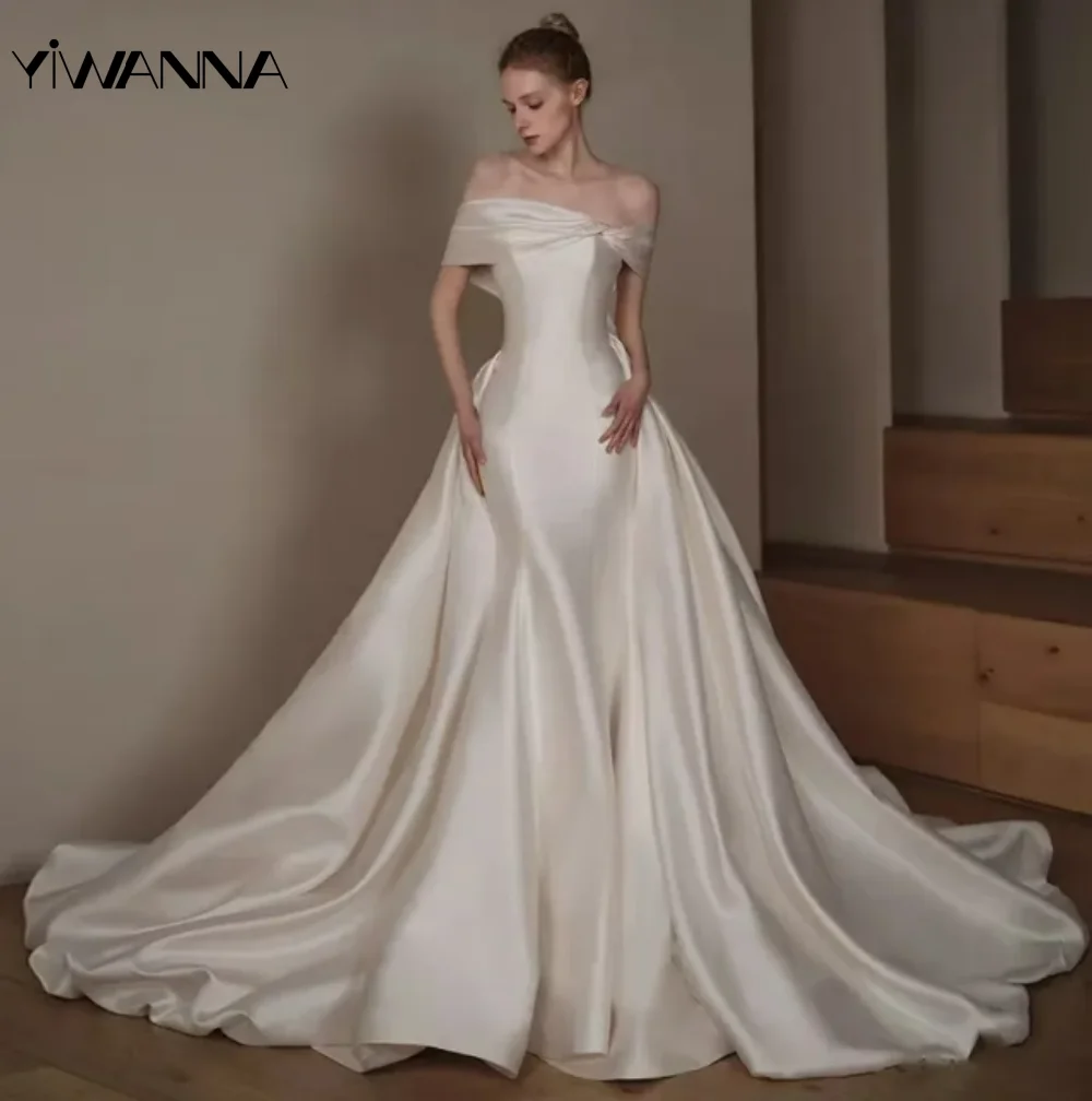 

Sexy Backless Off The Shoulder Wedding Dress Simple Classic Satin Bride Gown Elegant Floor-length Bride Robe Vestidos De Novia