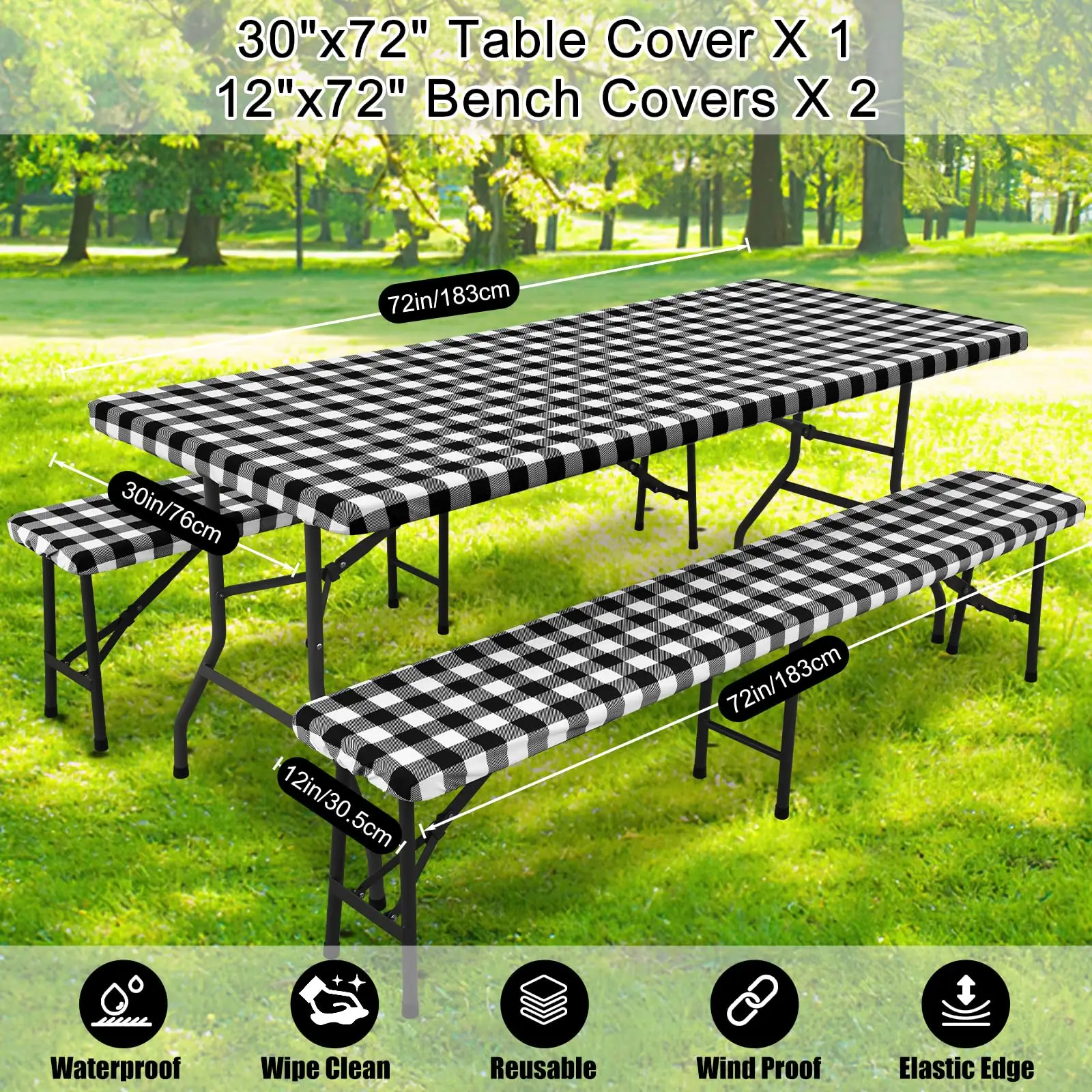 Waterproof Windproof Elastic Edge Picnic Table and Bench Cover Set