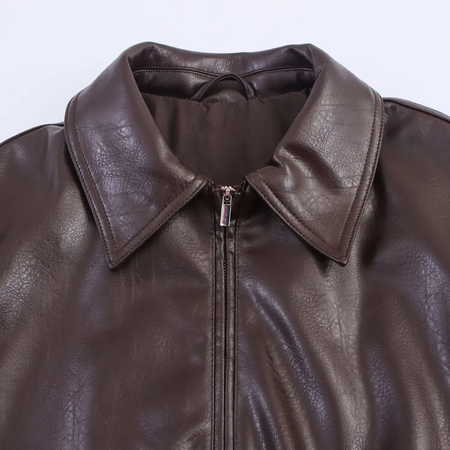 Women's Casual Fashion Simple Short Jacket Autumn Winter Female Coffee Collor Long-Sleeved Faux Leather Bomber Jacket Streetwear