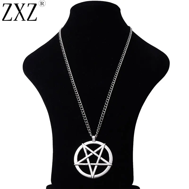 

ZXZ Tibetan Silver Large Pentagram Pentacle Circle Pendant Long Chain Necklace 34"