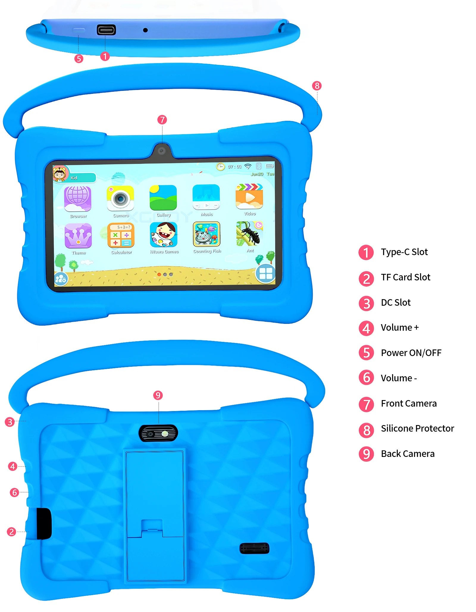 7 inch Android Kids Learning Tablet 4000mah 32GB Quad Core Android9.0  With tablet protective sleeve and tablet tempered film 5