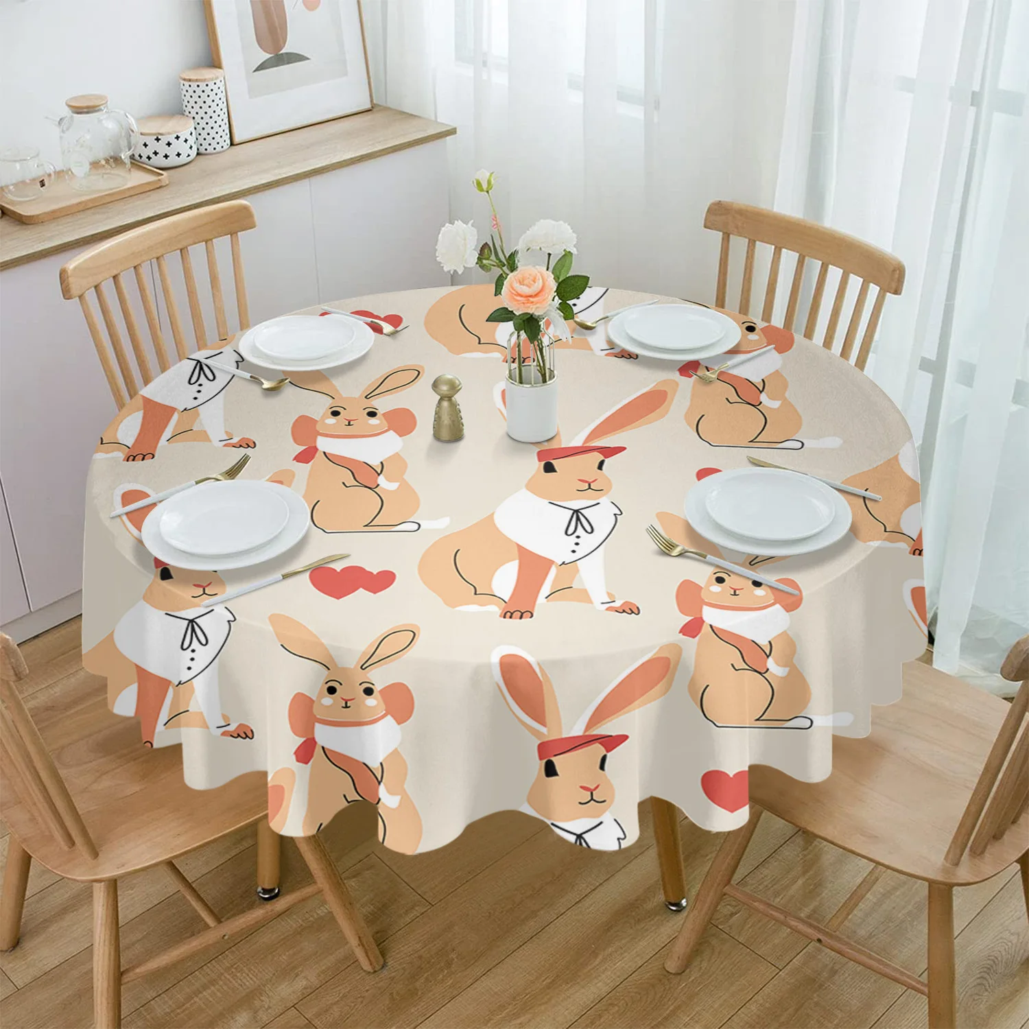 

Rabbit Hand Drawn Love Round Tablecloth Waterproof Table Cover for Wedding Party Decoration Dining Table Cover