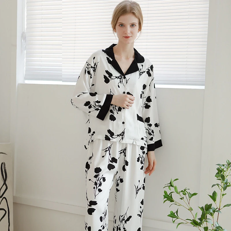 New Spring Summer Satin-like Cotton Pajamas Set Women High Quality Pint Cardigan Homewear Full Sleeve Night Sleep Pants