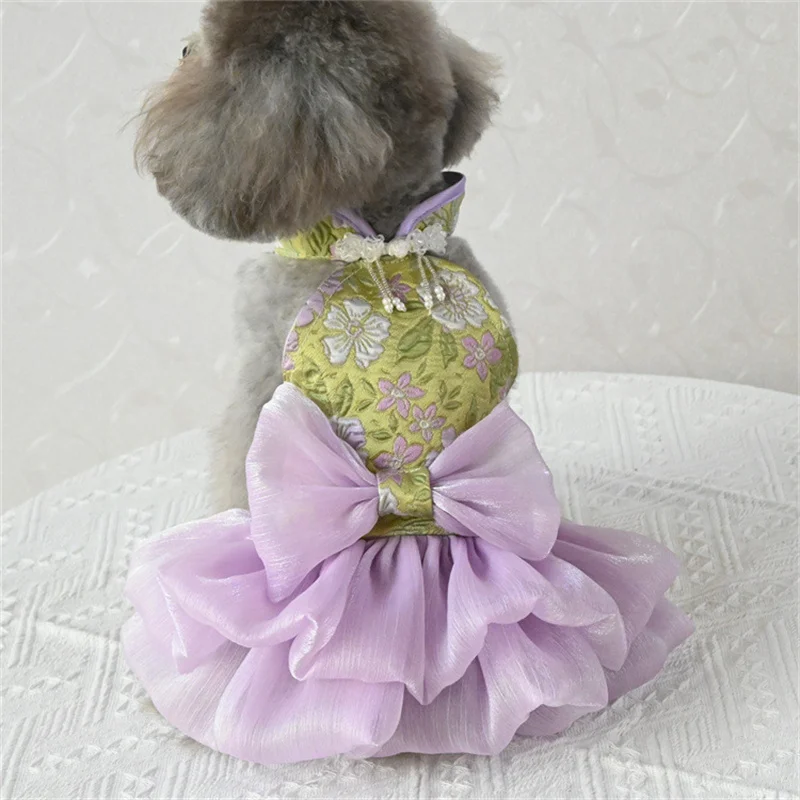 

New Year Pet Clothes Tang Suit Chinese Style Dog Cheongsam Dress Dog Costume Princess Dresses Puppy Small Skirt Dog Clothing