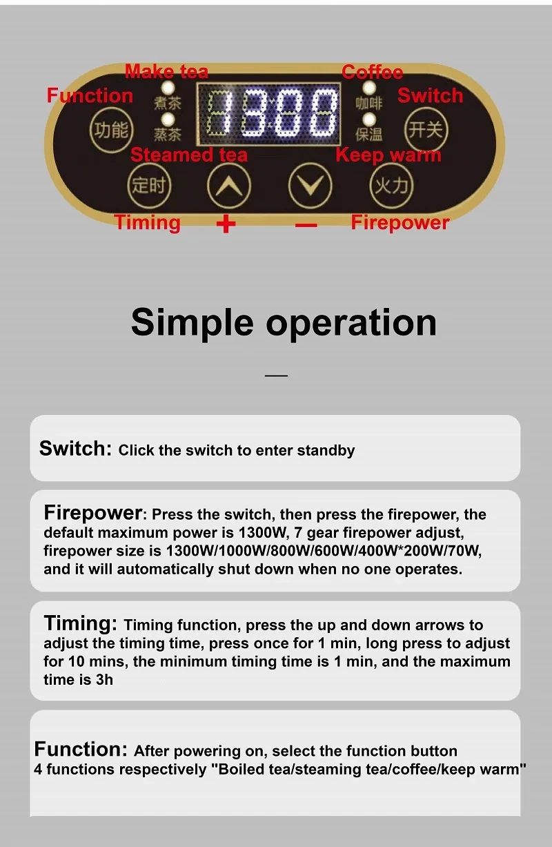 Description Picture 5 of item1300W Electric Ceramic Stove Tea Stove Electric Hot Plate Heater Stove 7 Gear Heating Furnace Smart Mini Glass Tea Maker 220V