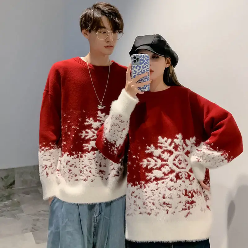 2023 New Round Neck Red Couple Christmas Sweater Soft Thick Snowflake Pattern Ins Vintage Loose Pullovers Men\'s Winter Sweater