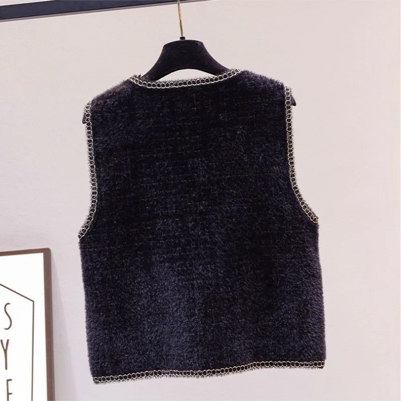 Autumn Winter New Women\'s Mink Velvet Knitted Vest Fashion Elegant V-Neck Button Pockets Versatile Loose Commute Coats Tops