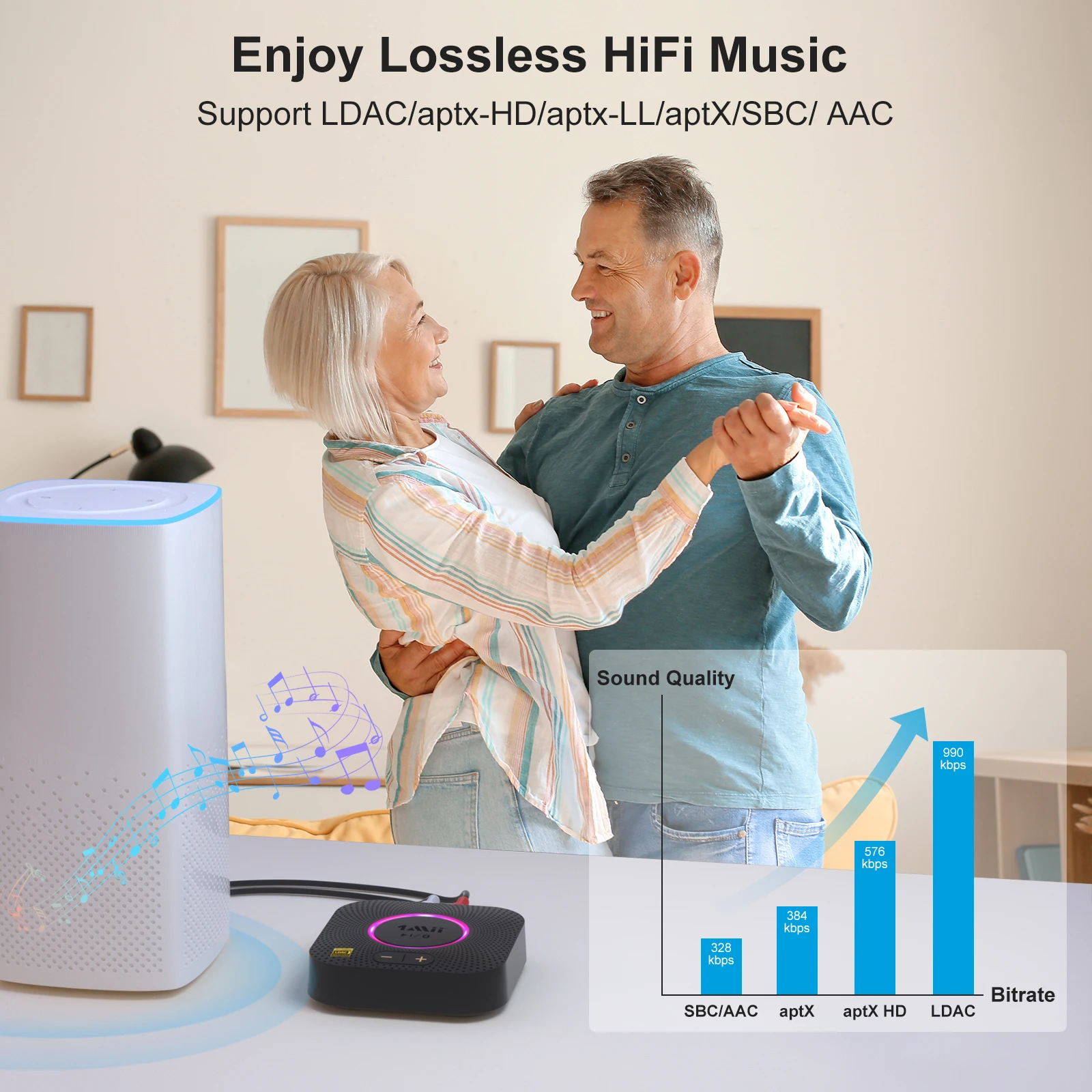 1mii B06S+ Bluetooth 5.2 přijímač, hifi audio adaptér W/LDAC aptx HD&LL, dlouhé dosah hi-res audio s objem ovládání