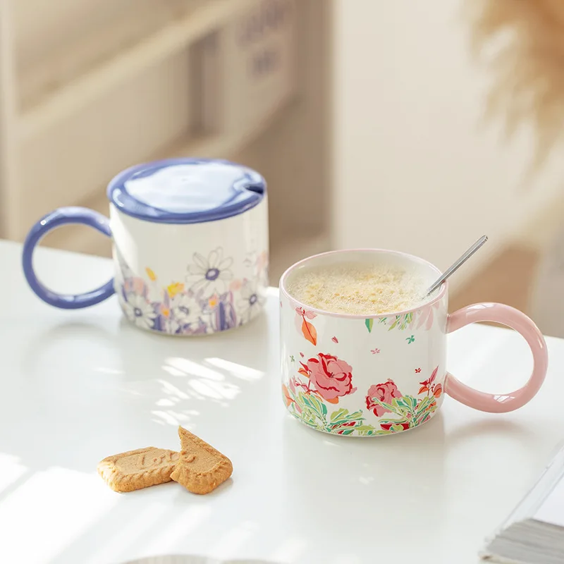 Flower Ceramic Coffee Cup Home Office Mug With Saucer Lid and Spoon Breakfast Milk Juice Tea Handle Cup Gift Home Drinkware