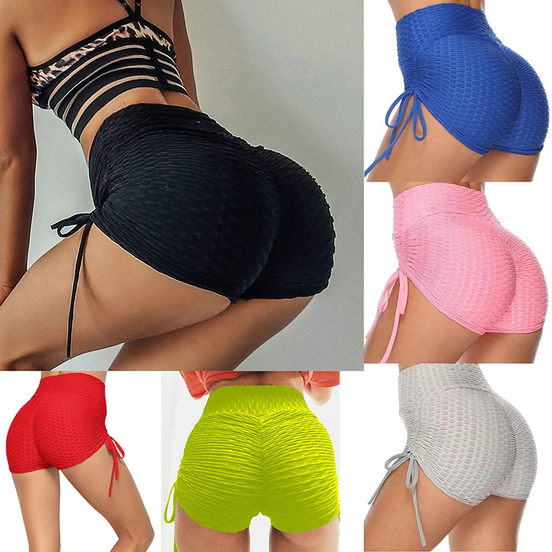 

Women Elastic Stretch Plain Yoga Sportswear Pants Vest Set High Waist Sport Shorts with String Booty Lift Tights Fitness