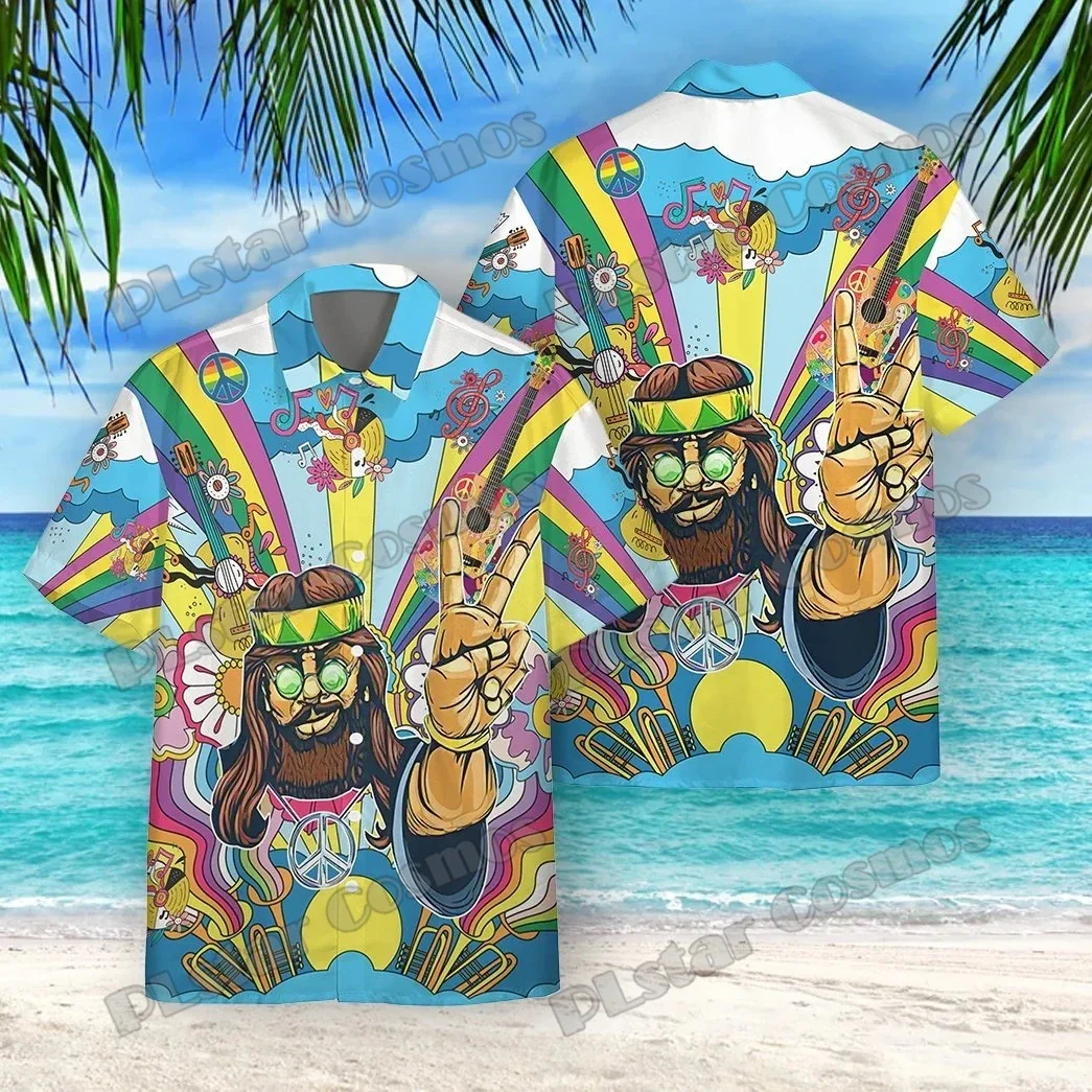 

Hippie Men With Guitar & Psychedelic Style 3D Printed Men's Hawaiian Shirt Summer Unisex Casual Beach Short sleeve Shirts CSH15