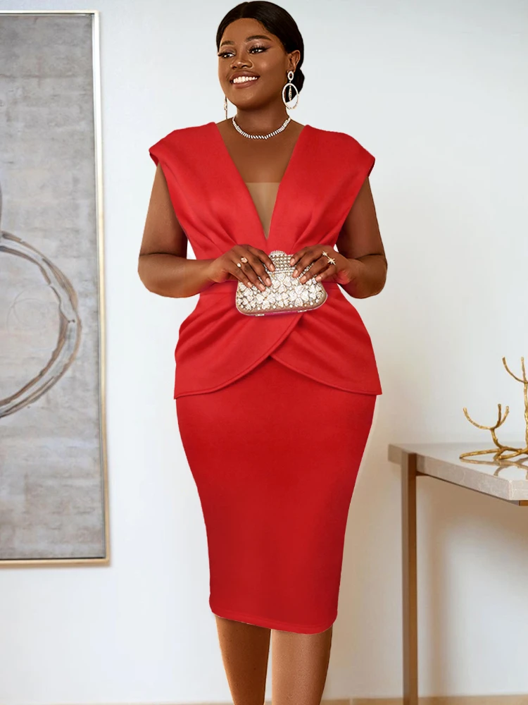 

Red Party Dresses for Women V Neck High Waist Bodycon Pleated Pencil Summer Sexy Evening Event Large Size Gowns Outfits 2023