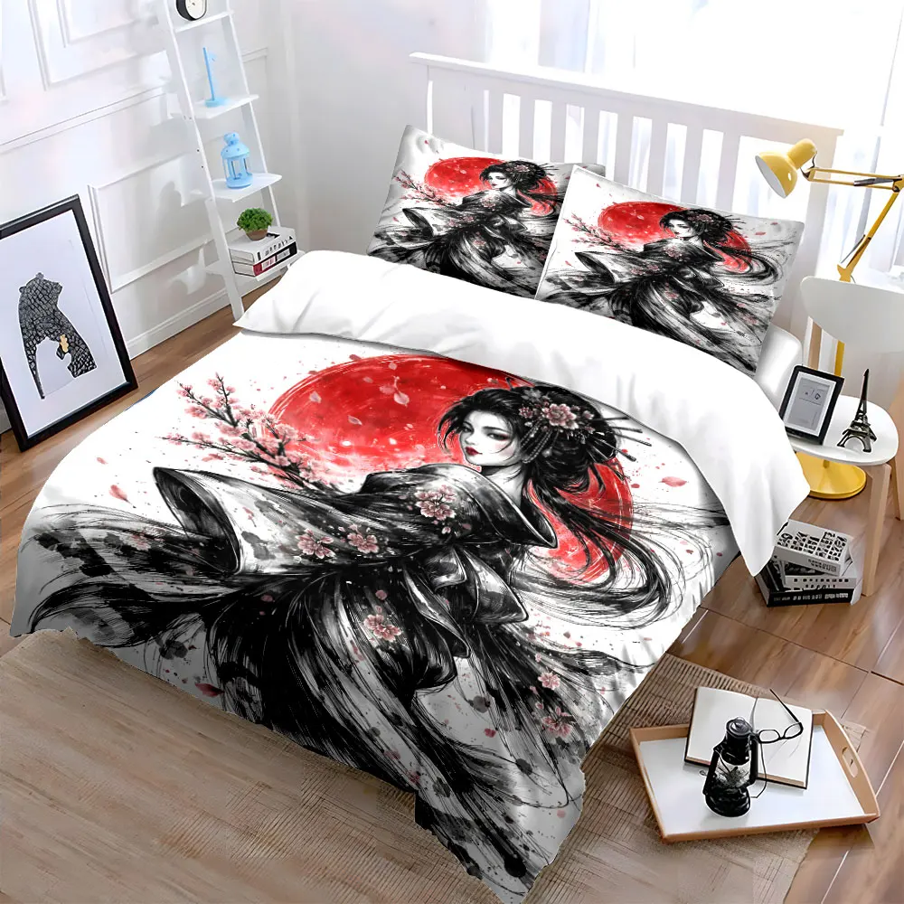Japanese Ukiyo-e Kimono girl Bedding Set for Kids Luxury Gift 3pcs Digital Print Comforter Set Soft Comfortable Breathable 2