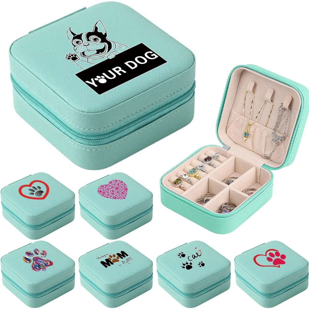

Portable Jewelry Box Jewelry Organizer Display Travel Jewelry Case Dog Footprints Pattern Boxes Leather Storage Earring Jewelers