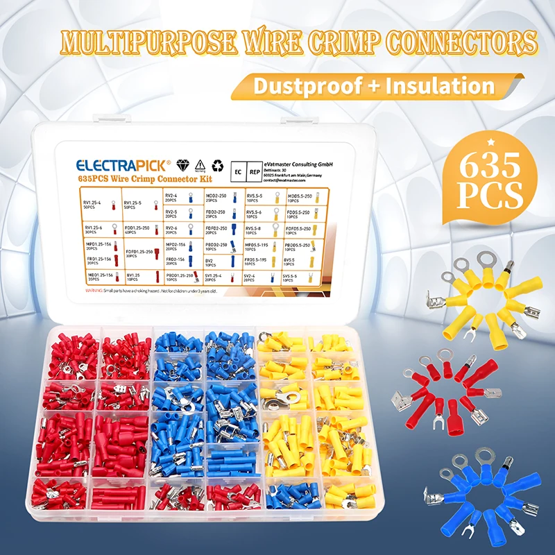 

635Pcs Electrical Wire Connectors, Insulated Wire Crimp Terminals, Mixed Butt Ring Fork Spade Bullet Quick Disconnect Assortment