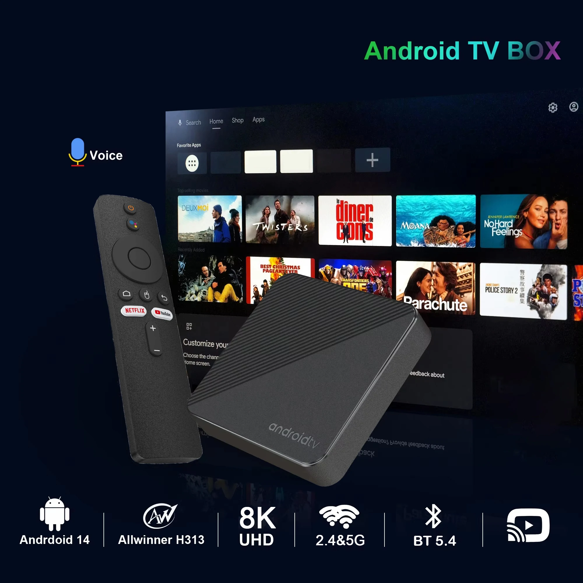 Android 14 TV Box T8 Bluetooth 5.4 ATV 8K Set Top Box 8GB