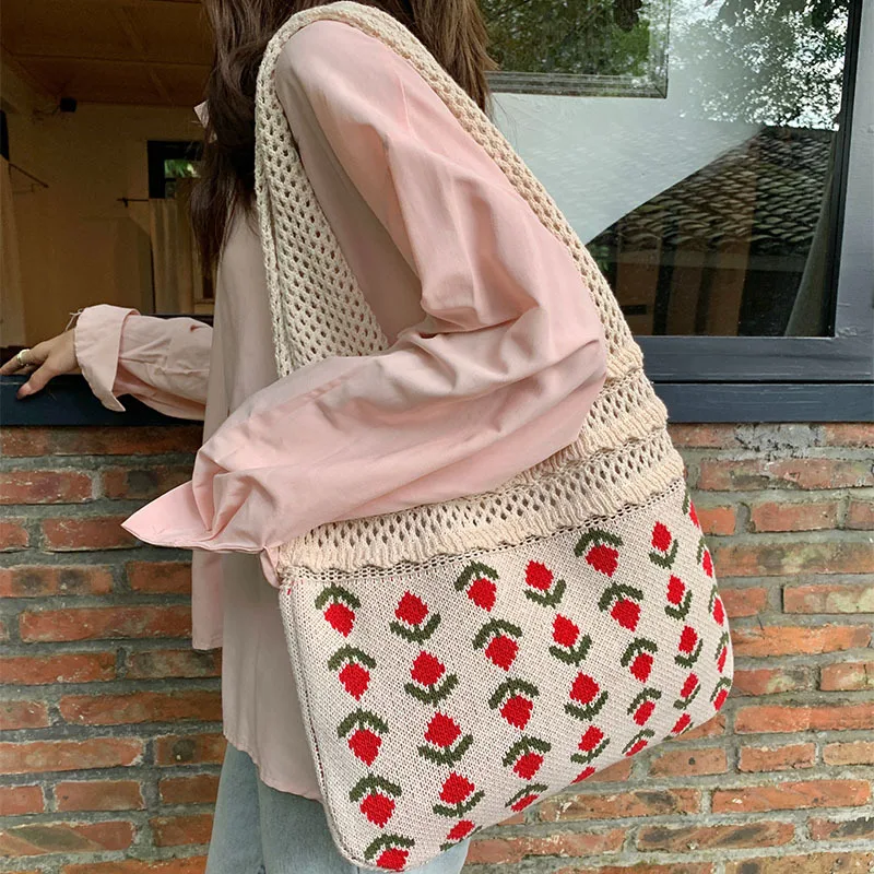 

New Women Tote Red Flower Large Capcity Knit Bags For Lady 2023