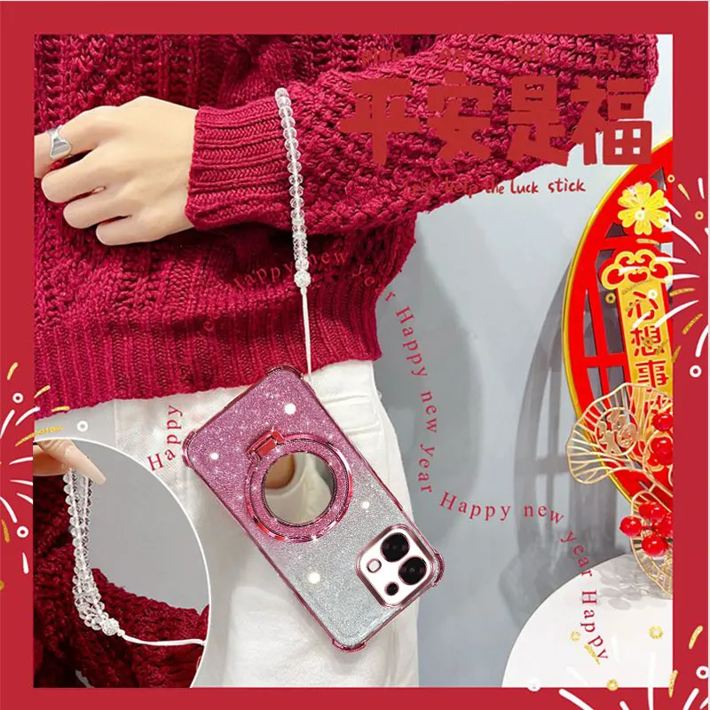 Glitter Shockproof Phone Case with Mirror Stand and Beaded Strap