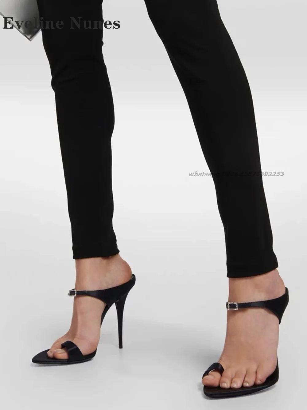 Clip Toe Straight Strap Slides Rhinestone Buckle Strap Slip On Women's Slingback Heeled Sandals