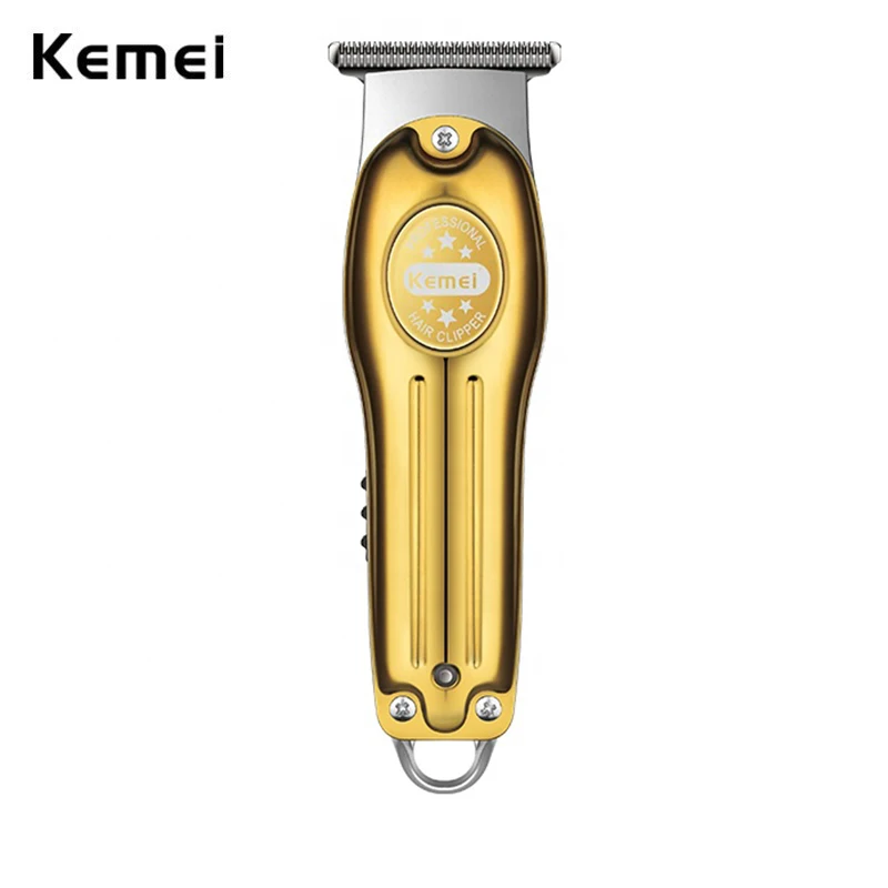 Kemei-남성용 충전식 무선 헤어 바리깡 이발기 0mm골드 클리퍼T-블레이드
