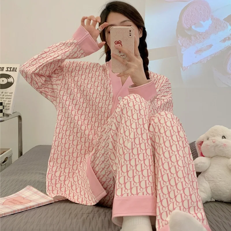 Spring Autumn Women's Imitation Cotton Pajamas V-neck Long Sleeve Cardigan Loose Casual Home Clothing Set Sweet Cute Sleepwear