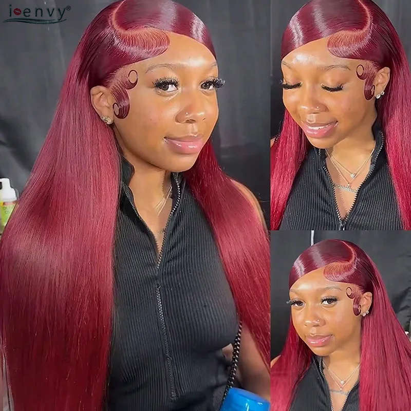 본 스트레이트 인모 가발 버건디 99J 34인치 13X6 13X4 레이스 프론트 가발 베이비 헤어 포함 180% 밀도 컬러 레이스 프론탈 가발