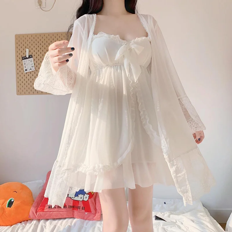 Elegant Sweet Simple Solid White Women Robe Gown Sets Chic Lace Bow Mesh Sleepwear Breathable Slim Nightdress 3