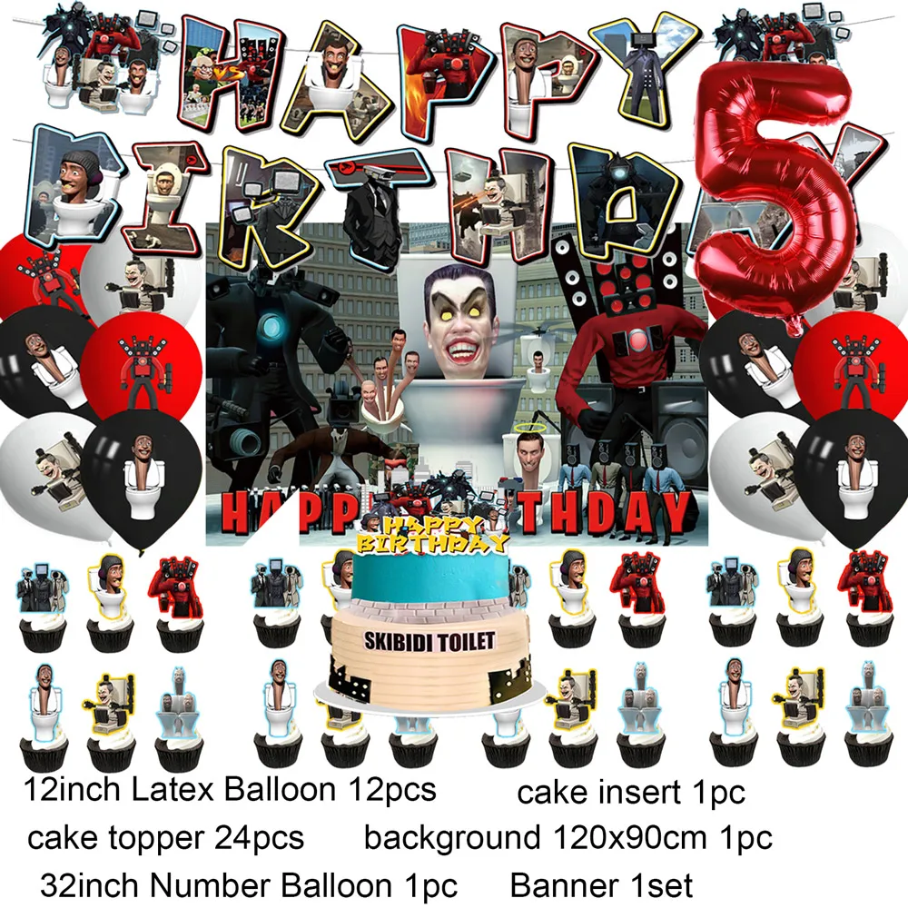 Skibidi Toilette Thema Geburtstags feier Dekoration liefert Banner Kuchen Topper Ballon Kampf Roboter Monitor Baby party Jungen Geschenke – Detail 10