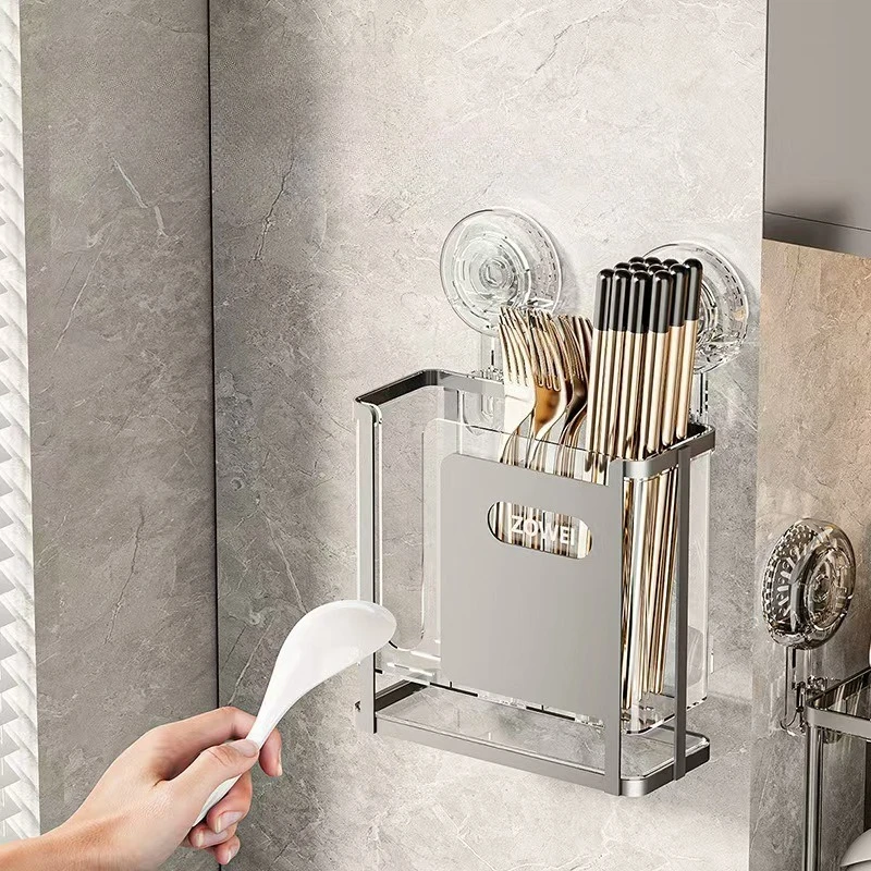 New Household Suction Cup Chopsticks Storage Basket Without Holes Hanging Wall Chopsticks and Spoons Storage Draining Stand