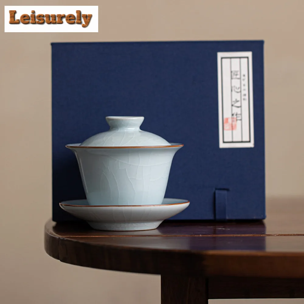 160ml Handamde Ru Kiln Ceramic Gaiwan Can Nourish Gold Wire Vintage Tea Tureen Household Tea Making Cover Bowl Tea Items Craft