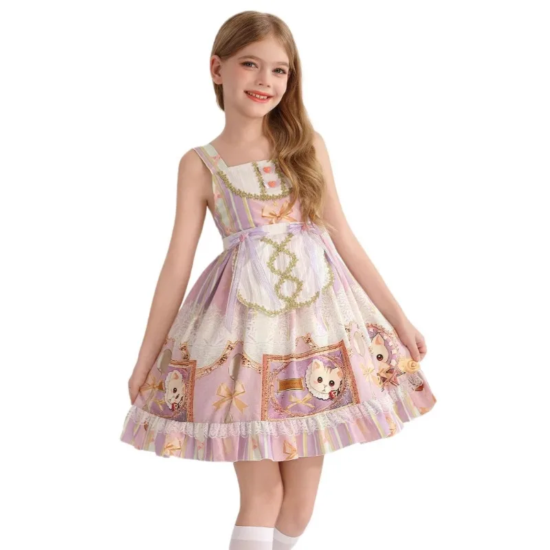 Children Sweet Lolita Dress Women Vintage Gothic Printed Summer Sleeveless Dress Japanese BowBear Kawaii Princess Maid JSK