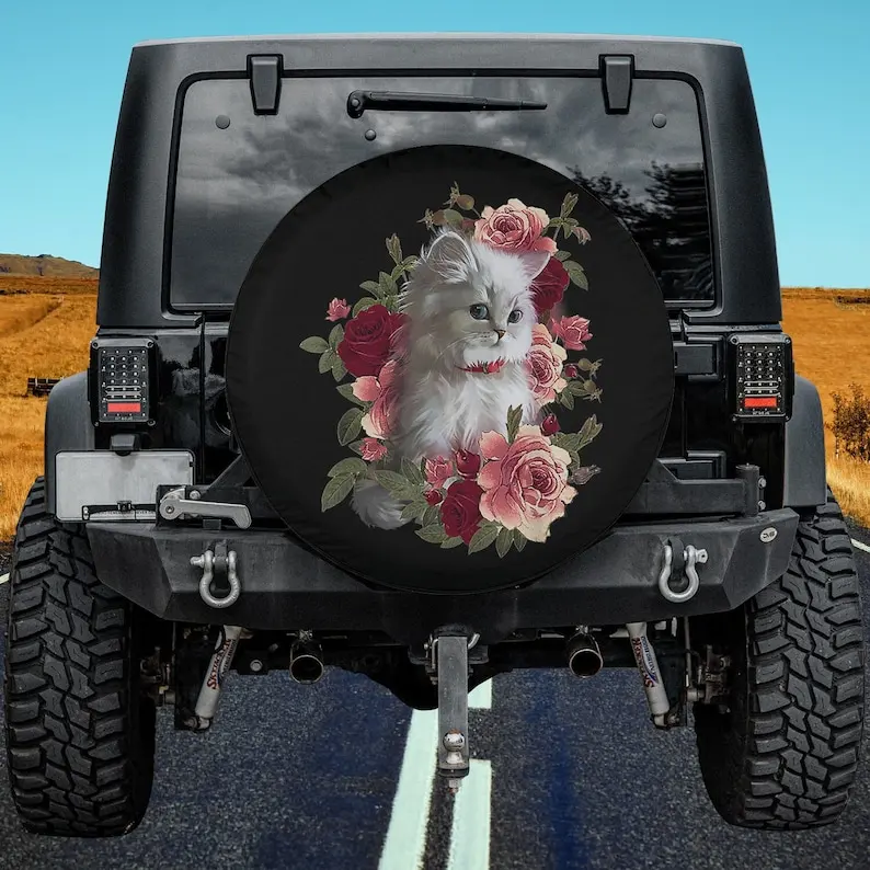 

British Longhair Cat Kitten Rose Flower Spring Tree Lover Spare Tire Cover Thickening Leather Universal Fit for , Trailer, R