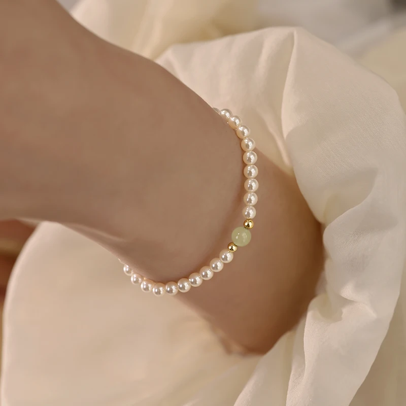 925 Silver Pearl and Jade Bracelet for Women, Light, Luxury, Niche, Delicate, Bead, Hand Decoration, New, 2024