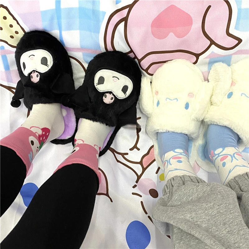 

Sanrio Kawaii Girl Cute Cinnamoroll Hello Kitty Kuromi уличная стильная домашняя обувь нескользящие хлопковые теплые тапочки для влюбленных
