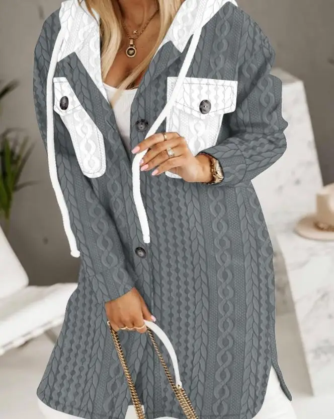 

Woman Colorblock Cable Textured Longline Hooded Coat Women's Casual Clothing Winter New Ladies Fashion Long Sleeve Hoodie Jacket