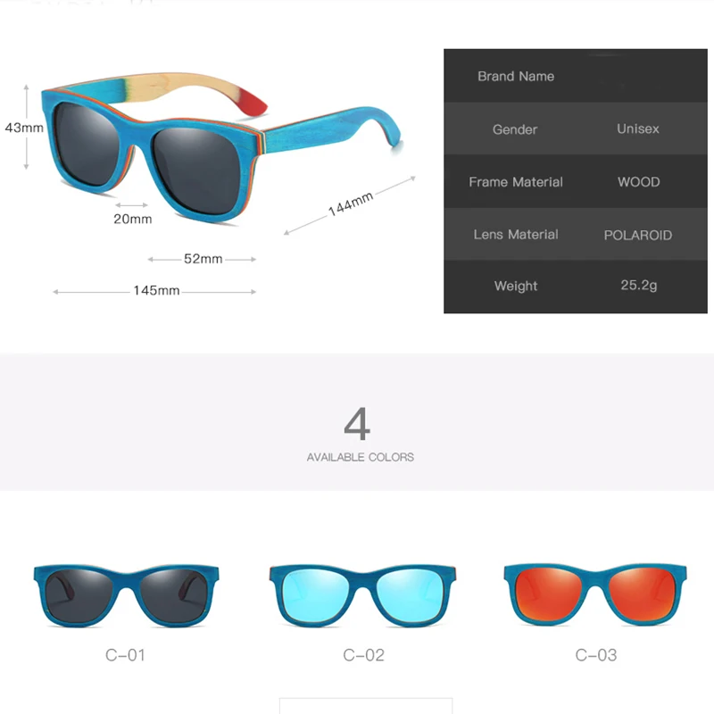 GM Skateboard Wooden Sunglasses Blue Frame With Coating Mirrored Bamboo Sunglasses UV 400 Protection Lenses in Wooden Box W033