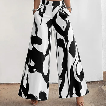 Mia Muse Women's Pants All Season Fashion Wild Graffiti Pocket Natural Waist Wide Leg Full Length Streetwear Pants